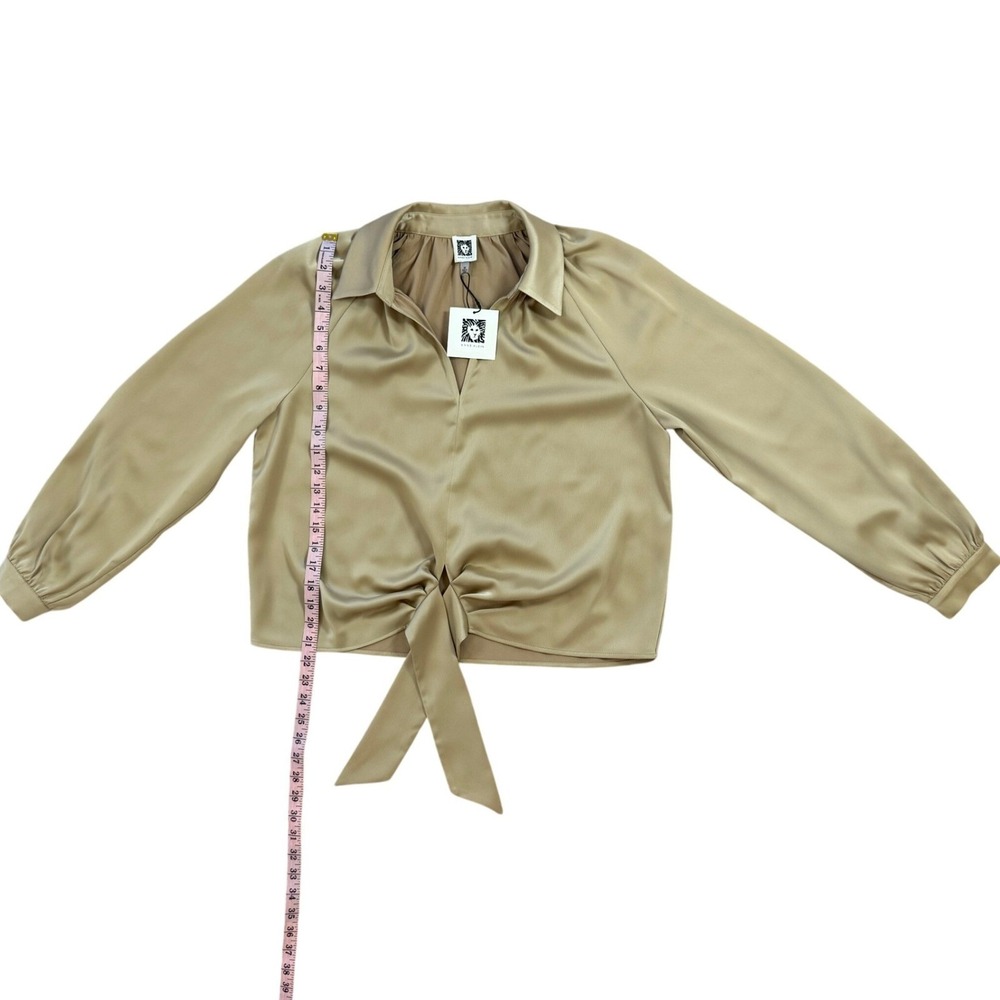 Anne Klein Coffee Cream Tie Front Satin Blouse Long Sleeve V-Neck Top Medium NEW - Picture 11 of 15